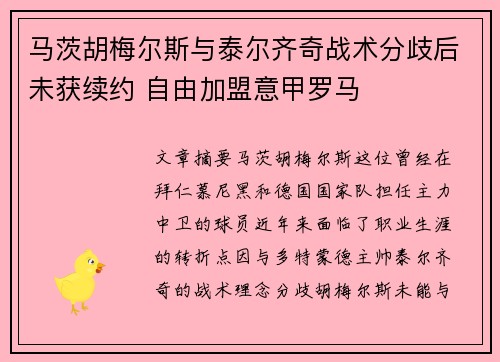 马茨胡梅尔斯与泰尔齐奇战术分歧后未获续约 自由加盟意甲罗马